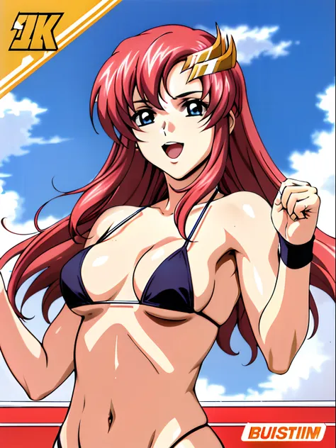 (masterpiece, upper body view, 4K, Best Quality, Anime style: 1.9,, Adult Woman, ultra detailed face, (cloud background, wrestling), Drawing lines, high resolution, Anime, lacus4), 1girl, Solo, curvy figure, Long hair, 鎖骨, scapular, (Detailed wide hair ban...