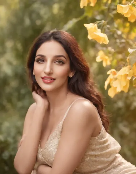 Nora Fatehi, chubby,cute,huge-breasted,curvy body,beautiful detailed eyes, enchanting smile,playful laughter,charming personality,flowing hair,stylish outfit,feminine curves,dynamic poses,expressive gestures,lush garden background,colorful flowers,butterfl...