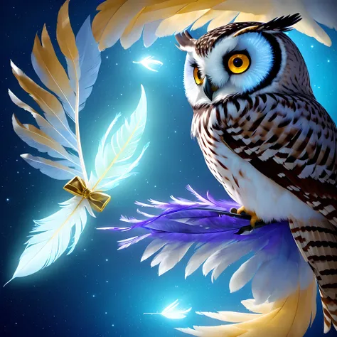 The Shimmering Gift: A close-up of the owl’s talon presenting a glowing, magical feather to Lila.. Hyper realistic 8k ultra HD , Pixar style , Disney style , cinema 4d