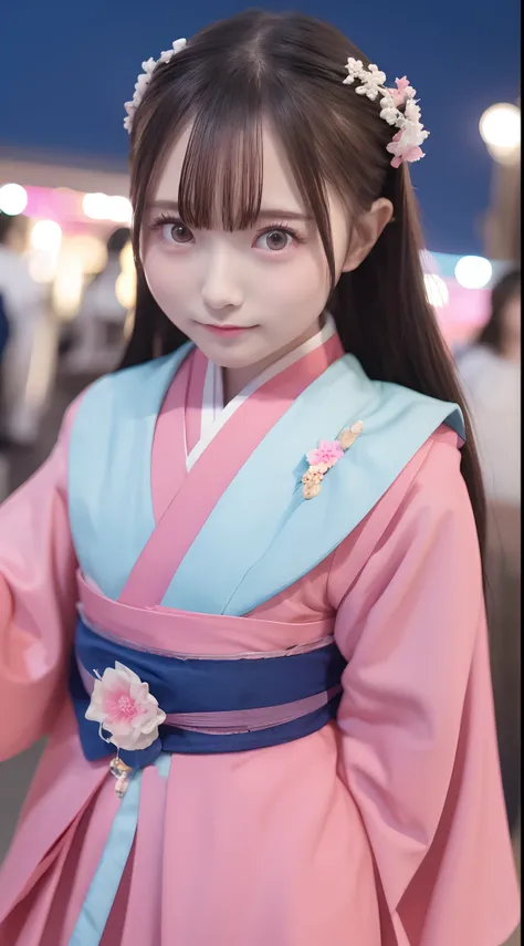 schoolgirls，Hanfu，Beach starry sky，Pink-cyan，the night, Best quality, Super detailed,,Upper body avatar photo，avatar close up,