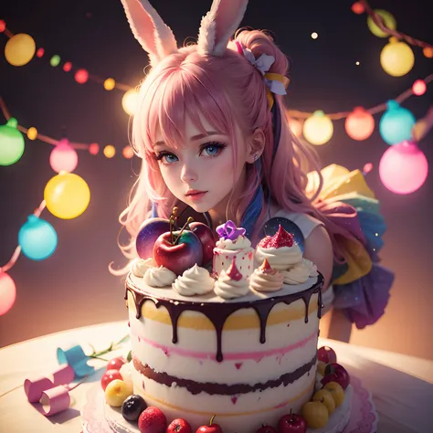 Colorful lights　photo realistic woman　a cake　colorful galaxy　Colorful cream　Colorful rabbit　bow ribbon　Cherries