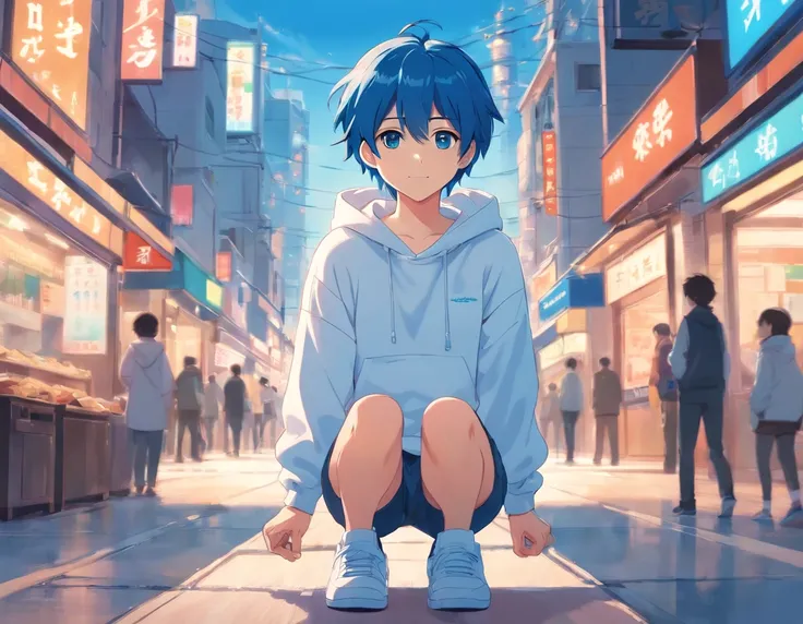 1 teenager,anime boy, Blue hair,short-cut,White hoodie, Art style of the 1990s, Puppy eyes, Pose to look straight at the viewer, little smiling, Light blue shoes