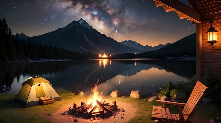 campsite、teepee、Burning fire、Barbecue stove、Camping Chair、starrysky、Quiet place、beautful view、Lantern light、Nobody is there。