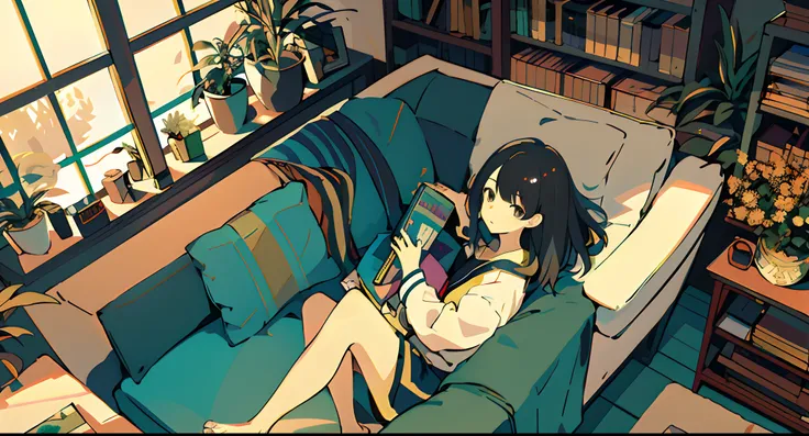 One girl, from above, plant, black hair, cat, lying down, indoors, holding, long sleeve, long hair, stuffed animal, potted plant, book, food, window, telephone, loaded interior, television, short hair, on the back, plush toy, bangs, slippers, barefoot, sit...