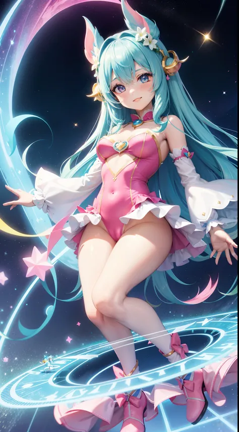 Super Idol　a beauty girl　A charming smile　sky blue hair　length hair　Twin-tailed　Bright pink and white,、verdant、Yellow glowing leotard costume　Mystical　Fantasia　constellation　a moon　Crystal Brilliance　Aurora Borealis in the Night Sky