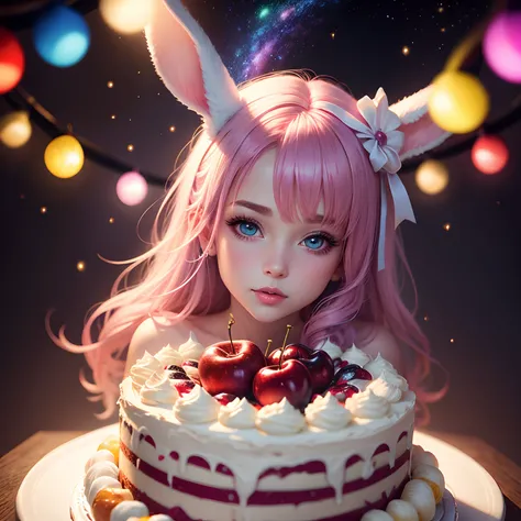 Colorful lights　photo realistic woman　a cake　colorful galaxy　Colorful cream　Colorful rabbit　bow ribbon　Cherries