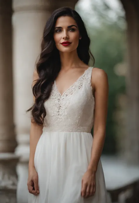 beautiful young skinny woman wavy black hair half way down her back big red lips a lovely smile fair skin green eyes wearing a white dress