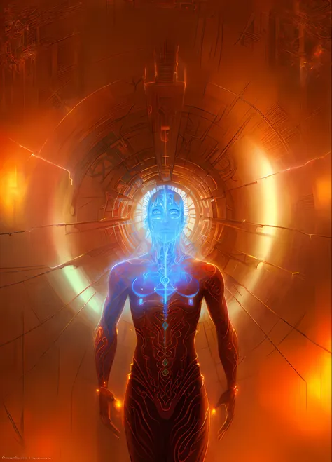 arafed image of a man with a glowing head and torso, alex grey and beksinski, symmetry!! portrait of cyborg, by tomasz alen kopera, cyborg hindu godbody, red biomechanical, alex grey art, inspired by tomasz alen kopera, by Artur Tarnowski, by Ludwik Konarz...