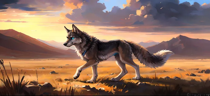 ((Solo)), Male, coyote, (Multi-colored fur, White-brown:1.3，White tail pointed), ((Wolf face, White hair, Big eyes, White eyelids, Blue pupil, Slim:1.2) (Tough, Calm expression:1.2)), Robust，Slim, pinging)), (Correct body anatomy), A big tail，Feet，Longer t...