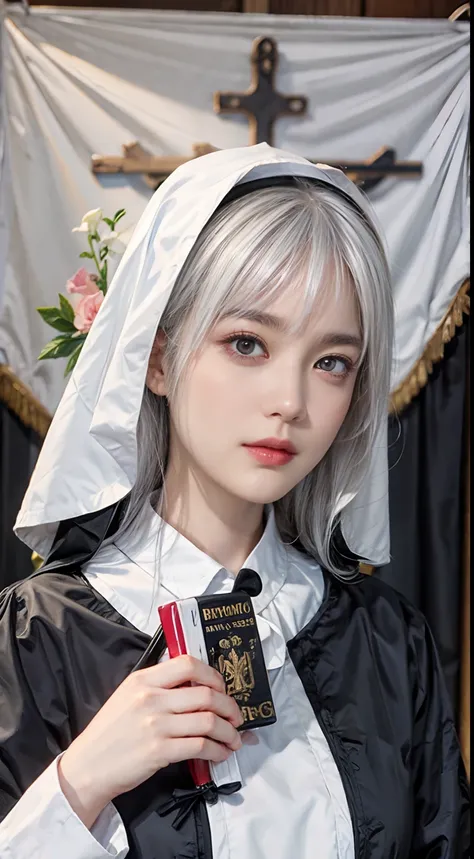 nun, Cross, Bible, White hair, chies, Realistic and detailed eyes