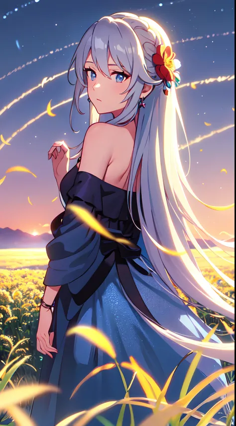 masterpiece, best quality, 1lady, solo, really long hair, white hair, blowing hair, (flowers hair ornament), light blue eyes, necklace, earrings, night, Vast sky, beautiful skyline, fireflies, fantasy, off shoulder blue dress, night scenery, behind view, b...