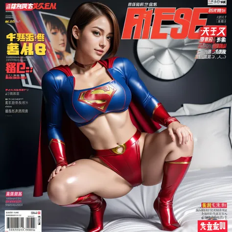 (Best Quality,4K,8K,hight resolution,masutepiece:1.2),Ultra-detailed,Realistic:1.37,Super masterpiece,Short-haired Supergirl squatting on bed、large full breasts、Looking at the camera、Glossy costume、a choker、bare-legged、s ass、Weekly magazine cover、Cheerful ...