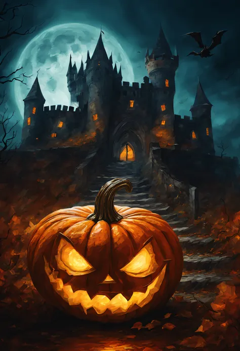 a pumkin which have eyes and mouth, halloween theme, dynamic atmosphere , dramatic scene, halloween photo, illustration style, oil paint style, daviant art, bigh glowing old castle in far background,