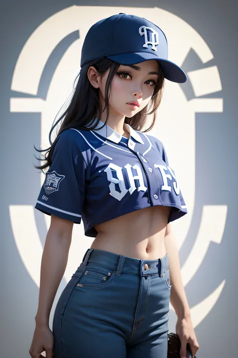 Woman in baseball hat and baseball uniform fashion。The face is Disney-Pixar-like。The hat is blue、"K"There is a logo with the words。The uniform is based on white.、There is a blue line from the collar to the navel.。Small breasts。