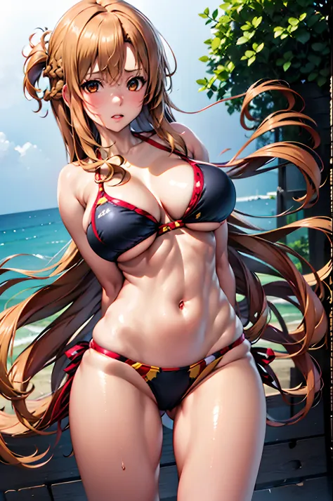 Best Quality, masutepiece,  1girl in, Yuuki Asuna, Brown hair, Brown eyes, medium breasts, Long hair, braid, Kotovo, (masutepiece, Best Quality, Ultra-detailed)、Colossal tits、cleavage of the breast、Detailed face, Sexy, ,, Looking at Viewer, bikini of, Beac...