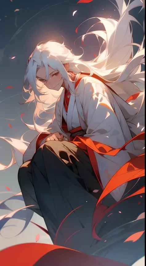 A man，hands unfolded，In mid-air，Positive perspective，full bodyesbian，ssmile，long  white hair，White-red Hanfu，Background sky，toplight，with petals falling。