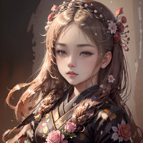 wonderful girl, japanes face, japanes girl,sharp nose, rose crown,caucasian, 20 years old,beautiful look, detailed dress, detailed hair, ultra focus, face ilumined, face detailed, 8k resolution, painted, , oil painting, heavy strokes, paint dripping