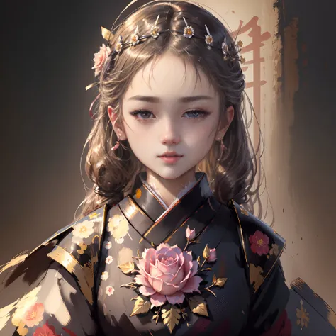 wonderful girl, japanes face, japanes girl,sharp nose, rose crown,caucasian, 20 years old,beautiful look, detailed dress, detailed hair, ultra focus, face ilumined, face detailed, 8k resolution, painted, , oil painting, heavy strokes, paint dripping