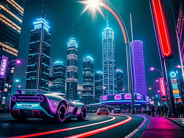 futuristic retro city full with LED lights and many futuristic cars and many people