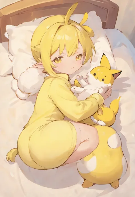 Yellow elf，Kira prays，adolable，Lying in bed，Wear white diapers，The diaper has a kitten pattern