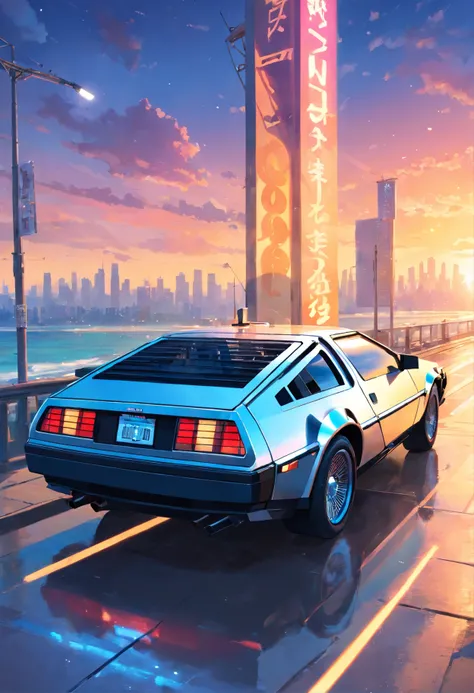 Carro DeLorean do de volta para o futuro totalmente customizado com para-choques e spoilers, pintura esportiva de fogo, background neutro