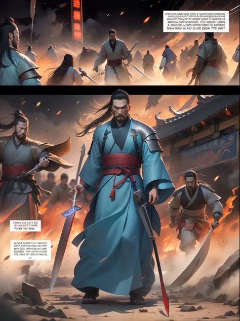 [illustratio，story split-shots]comic page，there are multiple screens on one page: chinese male warriors of the qin dynasty, a co...