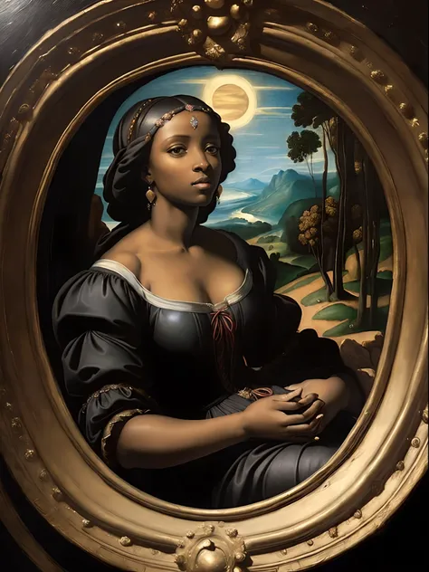 (renaissance oil painting of a beautiful black woman:1.3), best quality, masterpiece, expressive, thrilling, 256k, epic, crepusc...