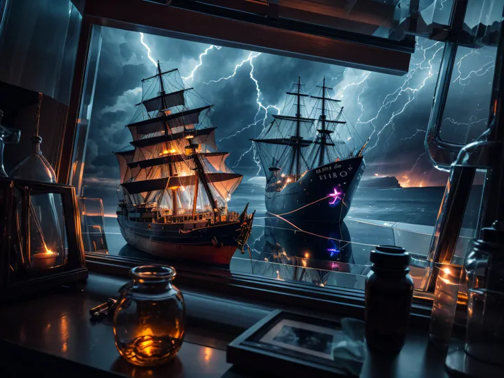 A 3D render of a ship in a bottle placed on a window sill during a stormy day. The storm outside the window is reflected in the ship in a bottle, with miniature lightning bolts and turbulent waves seen inside the ship in a bottle. The room is dimly lit, ad...