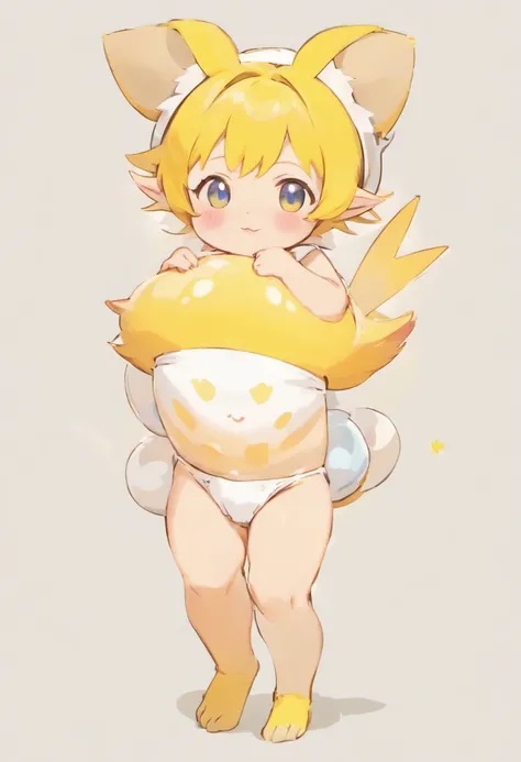 Yellow Elf，adolable，Wear diapers，The white diaper has a kitten pattern on it