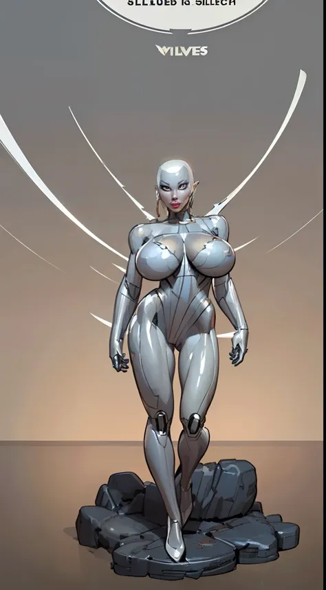 8k ((full body view:1.4)) (large eyes:1.3), defined cheekbones, 1woman, ((woman has no face, ((sleek silver bodysuit:1.6)) (detailed face:1.5), silver skin,(puffy lips:1.5) (silver skin:1.6), (bald woman:1.7), (skinhead) ((stands confident)),(Muscular:1.3)...