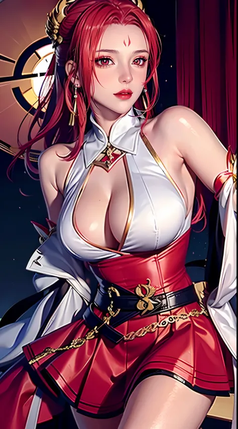 (((Red_dress, teens girl,Red lips,face markings,New Moon,lipsticks,forehead mark,looking at viewert,Young and beautiful,Perfect facial features,The facial features are tall and beautiful,with fair skin,red hair,hair adornments, long whitr hair, Redness of ...