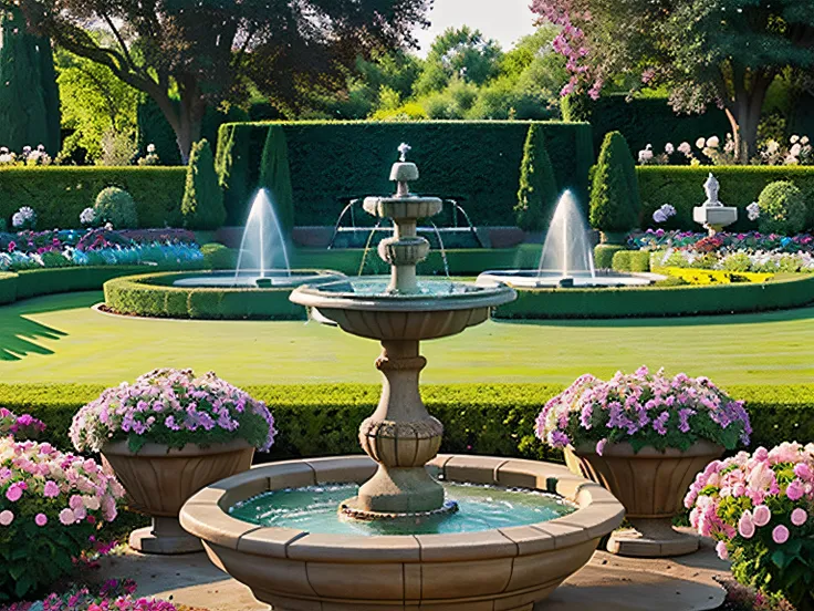 beautiful garden filled with flowers and a fountain