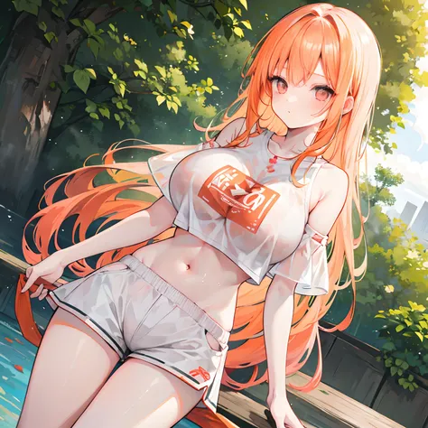 Long pale orange hair scattered，dual horsetail，Pink eyes，Loving pupils，Girl，huge tit，White sports shorts，White off-the-shoulder short sleeves，The clothes were soaked with sweat，Breast sex