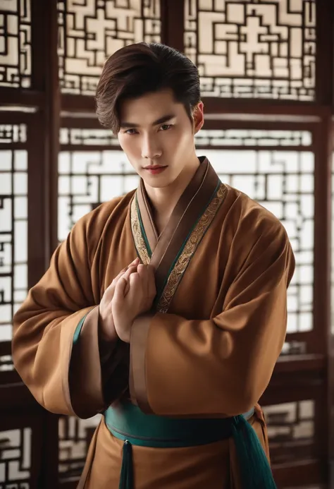 Shy handsome man in brown-haired china clothes