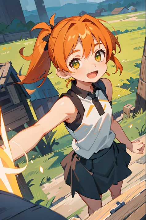 ​masterpiece, top-quality,  Orange hair,Glowing green eyes,Side Ponytail, sleeveless shirts, a black skirt, The upper part of the body, From  above, Look at viewers, A smile, open open mouth, Rustic village