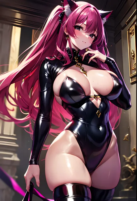 ((masterpiece))、(top-quality)、(detailed, 27 years old)、(1girl) (red haired. Provocative and revealing devil cat suit outfit, partial exposed naked, shes standing seductively in a sexy position. ) Extremely large breast and buttocks.  The lens is very low t...