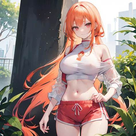 Long pale orange hair scattered，dual horsetail，Pink eyes，Loving pupils，Girl，huge tit，White sports shorts，white off-shoulder tops，The clothes were soaked with sweat，Unbutton the blouse