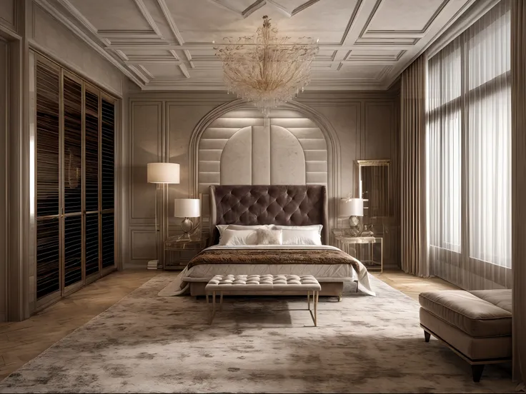 luxurybedroom,luxury, bed, rug, cozy lighting from chanderlier, (flat ceiling)