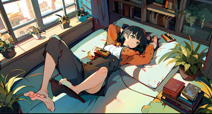 One girl, from above, plant, black hair, cat, lying down, indoors, holding, long sleeve, long hair, stuffed animal, potted plant, book, food, window, telephone, loaded interior, television, short hair, on the back, plush toy, bangs, slippers, barefoot, sit...