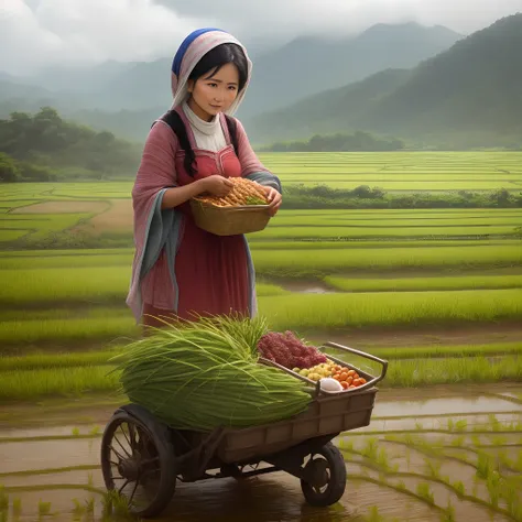 Infian woman in the field with husband paddy fields giving food and a plough is seen