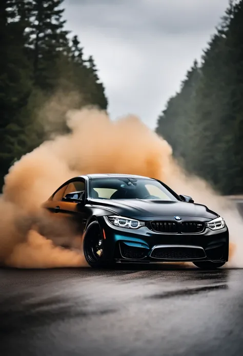 A black bmw m4 compitition, drifting, smokes coming from the drift