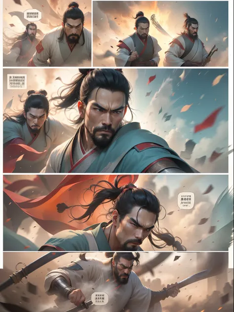 [illustratio，story split-shots]comic page，there are multiple screens on one page: chinese male warriors of the qin dynasty, a co...