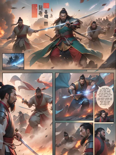 [illustratio，story split-shots]comic page，there are multiple screens on one page: chinese male warriors of the qin dynasty, a co...