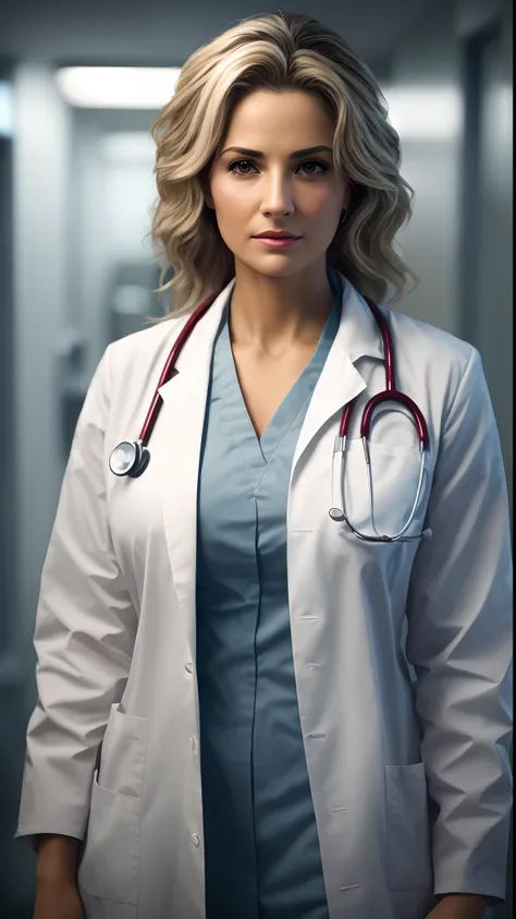 What if a female doctor in suite, full body visible in a hospital would be handsome with blood ? stunning realistic, 3d render, octane render, intricately detailed, cinematic, hyper realistic cover photo awesome full color, hand drawn, dark, gritty, realis...