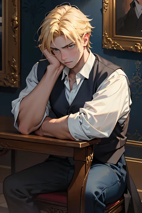 an oil painting of a young handsome blonde teen boy sitting on the floor distressed emotion with both hands on his face covering, thousand miles stare, wearing vest, blue hours, leaning forward, dark, dramatic lighting, masterpiece, royal background