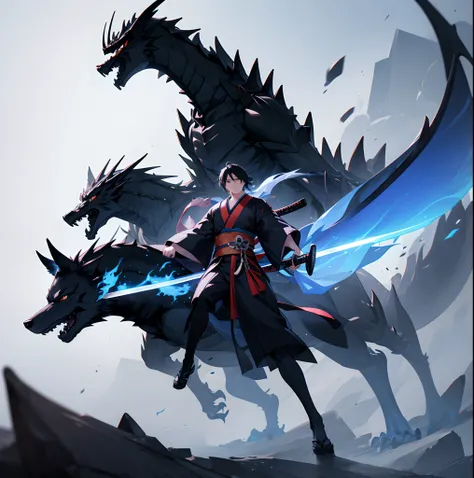 Anime Guy holding a katana, wearing black kimono, and with a big black dragon and a wolf with blue fire