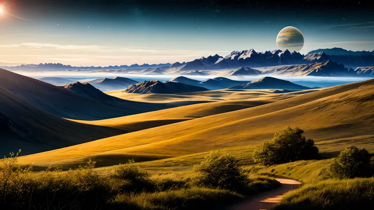 realistic photo of a distant planet with a fantastic landscape.