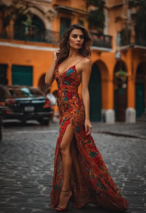 mujer hermosa caminado por la calle de la ciudad vestido sexy entallado