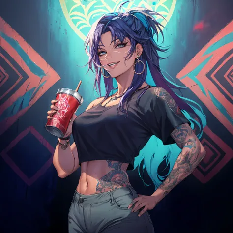 mulher sorrindo, cabelo azul, olho ciano, tatuada, top preto, Denim Jeans Pants, segurando um refrigerante, em um cenario artistico, 4k, masterpiece