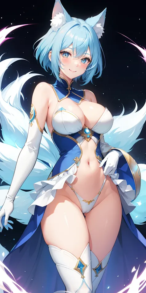 1 girl, short hair, light blue hair, nine tails fox, white glove, fang, sexy, thighs, blush, smile, happy, house, glowing, wallpaper, sidelighting,